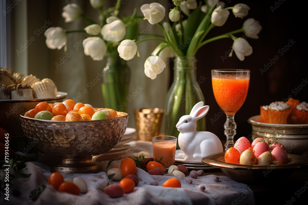 Naklejka premium Easter appetizer food table background. Easter snacks, eggs, bunnies and flowers