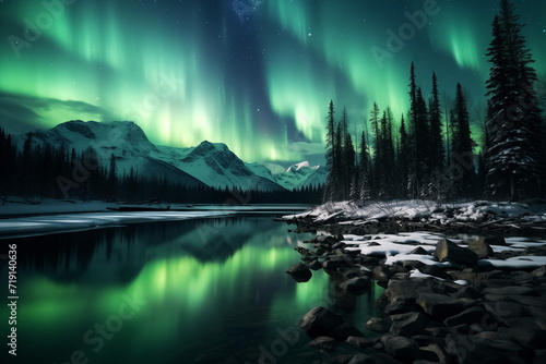 Hyper Realistic painting of aurora in the Night sky with polar lights. Night winter landscape with aurora and reflection on the water surface. stunning natural background photo. Generated AI. photo