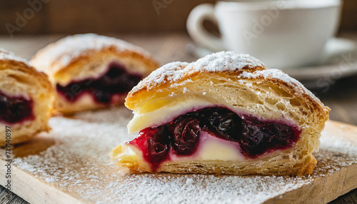 Pasticciotto leccese pastry filled with egg custard cream and sour cherry jam close up