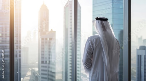 Back view of  Muslim Businessman in Traditional White Standing in His Modern Office Looking out of the Window on Big City with Skyscrapers. Successful Saudi, Emirati, Arab Businessman Concept. photo