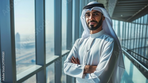 A handsome and confident arab businessman stands in a large glass office looking into the camera . An employee of a large company , programmer with his arms crossed and wearing traditional clothes  photo