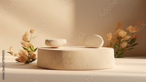 Background for cosmetic products of natural beige color. Stone podium with pastel flowers and green leaves. Front view.