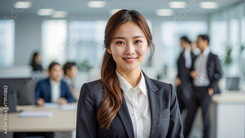 portrait of Korean woman smiling, indoor office, business people