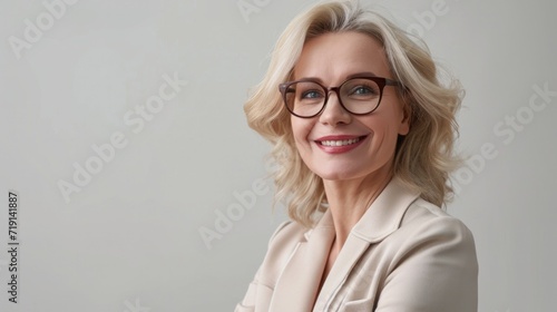 Stylish confident adult 50 years old female psychologist standing arms crossed looking at camera at white background. Portrait of sophisticated grey hair woman advertising products and services.