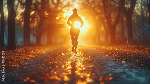 A close-up photograph of a person jogging at sunrise, capturing the determination and vitality. © mnirat