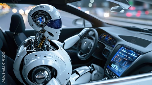 A robot with artificial intelligence driving an electric car. Humanoid driver driving the car of the future 