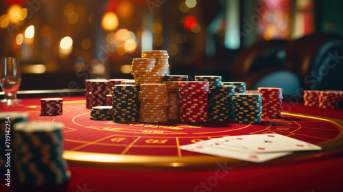 pair of aces and stack of chips on casino, Poker chips on a poker table at the casino