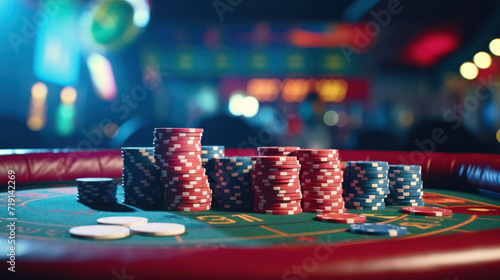 pair of aces and stack of chips on casino, Poker chips on a poker table at the casino