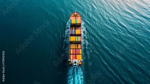 Container ship or cargo shipping over calm blue ocean. Global business logistics import export. Aerial view from drone. © Almultazam