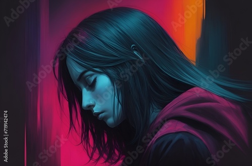 A sad depressed portrait of a woman, colorful background,Illustrations,mental health concept