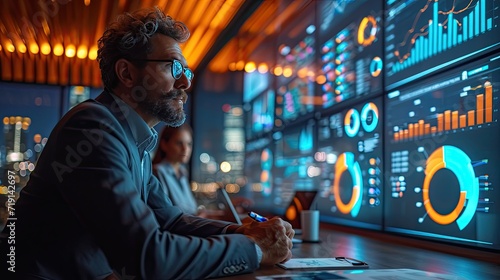 Focused businessman working late, analyzing complex data across multiple computer screens in a modern office.