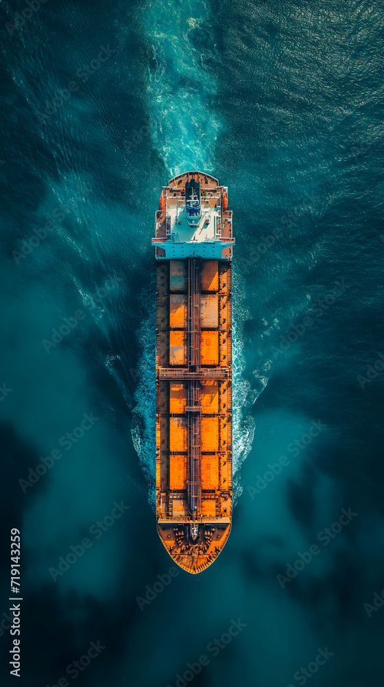 Vista aérea de un barco de carga en el mar Vista aérea de un barco de carga en el mar