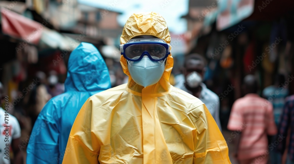 A man in a protective yellow antibacterial suit. The concept of anti-epidemic measures. A warning sign. AntiCOVID. Vaccine against coronavirus