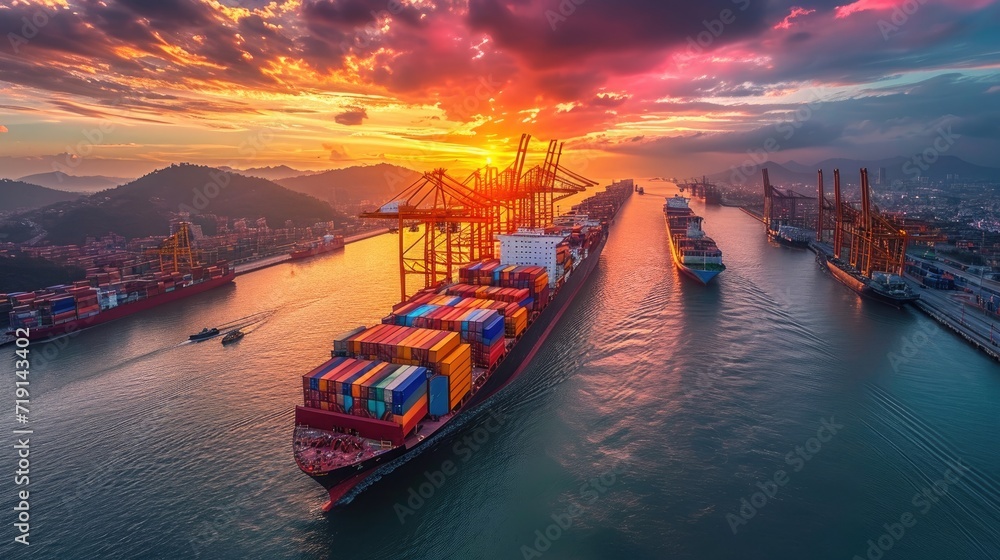 A large cargo ship laden with colorful containers navigates into a bustling port, illuminated by the warm glow of the setting sun.