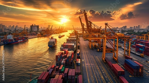 A large cargo ship laden with colorful containers navigates into a bustling port, illuminated by the warm glow of the setting sun.