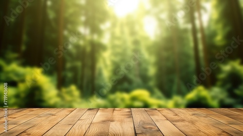 The empty wooden table top with blur background of boreal forest. Exuberant image. generative ai