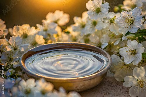 A vase against a background of warm light, surrounded by white flowers. Calm water inside a vase, mockup