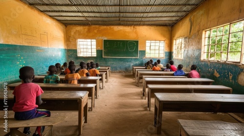 Black Children from the african  village sit at desks in a classroom . Kids are in primary school. photo