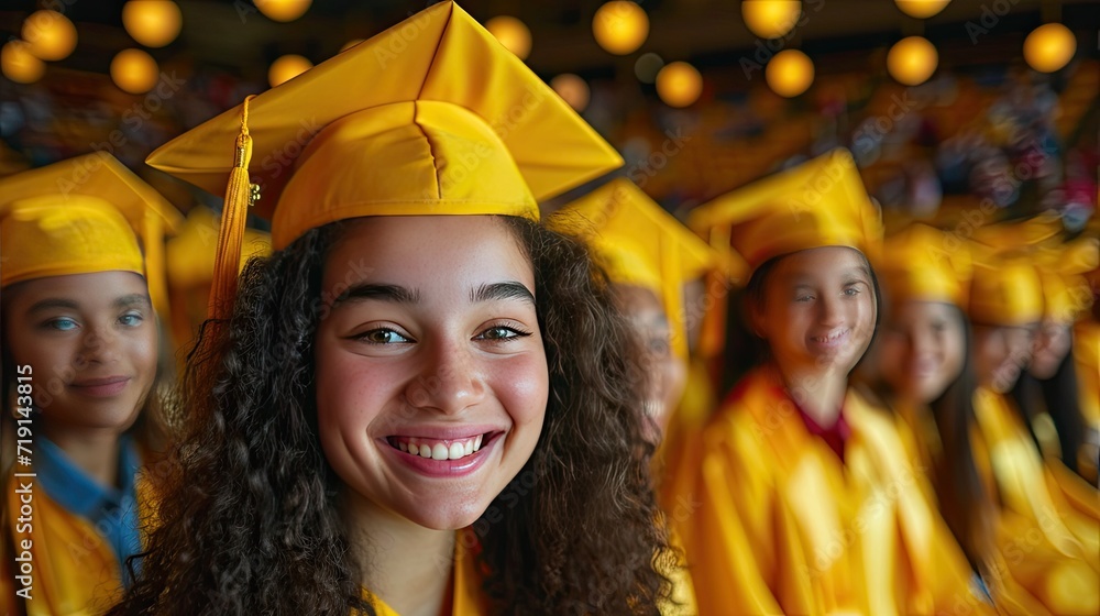 A radiant young woman in graduation attire smiling proudly during her commencement A radiant young woman in graduation attire smiling proudly during her commencement