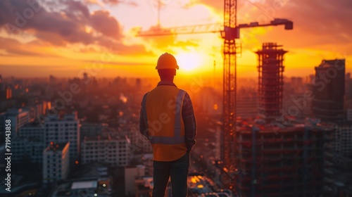 The worker on the construction site is looking sunset in the city