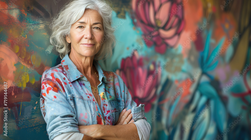 Fototapeta premium Serene mature woman in a paint-splattered denim shirt, poised in front of a floral graffiti