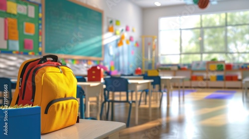 School classroom in blur background without young student. Blurry view of elementary class room no kid or teacher with chairs and tables in campus. Back to school concept photo