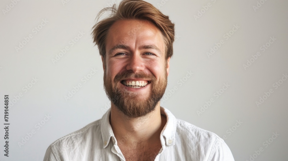 Portrait of happy casual man smiling, Mid adult, mature age guy with redhead hair, Isolated on white background, copy space.