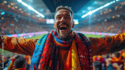 Exuberant male soccer fan with a colorful scarf laughing and celebrating during a match in a packed stadium.
