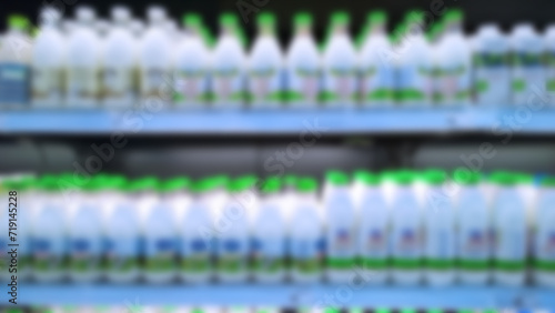 Abstract blur supermarket background. Defocused shelves with dairy products. Grocery store. Retail industry. Discount. Inflation and recession concept. Aisle. Consumer packaged goods. CPG. Milk bottle
