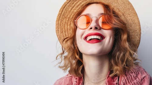 Cheerful woman wearing on red sunglasses and summer hut brimming with joy, laughter bubbling, radiates happiness against a pure white background