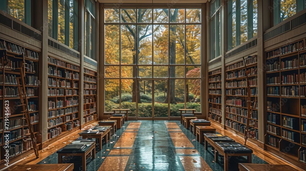 A serene image of a library with rows of books, comfortable reading areas, and students engrossed in reading and research