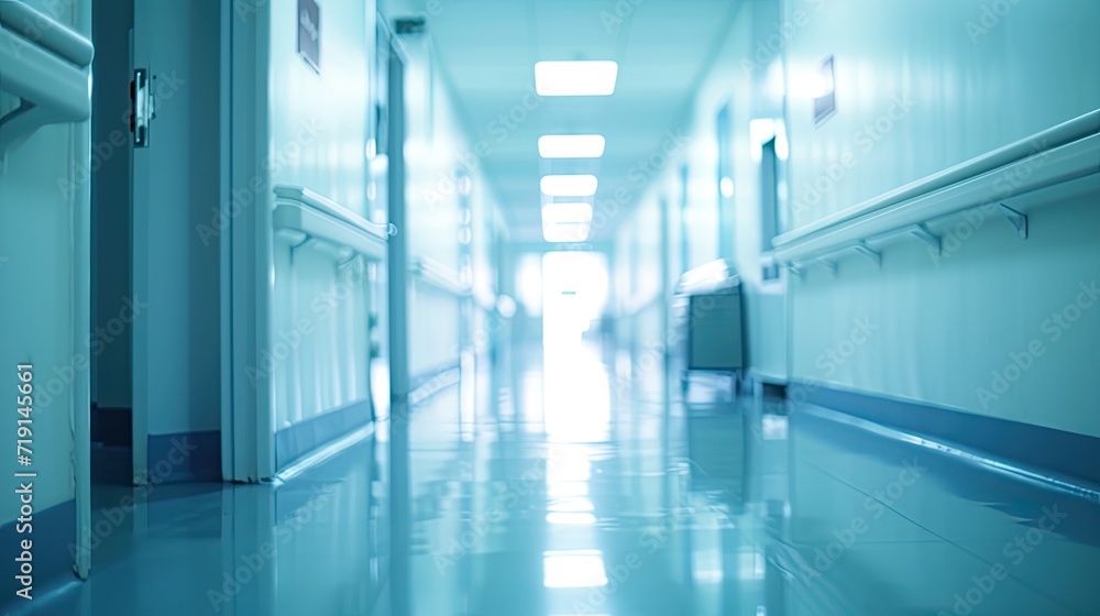 Obraz premium A modern clinic corridor in a stock photo, with the background purposefully blurred. Sleek