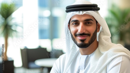 Happy smiling bearded arabian business man small business owner, company leader or sales manager, male ceo executive, successful lawyer looking at camera standing in office, headshot portrait © Hope
