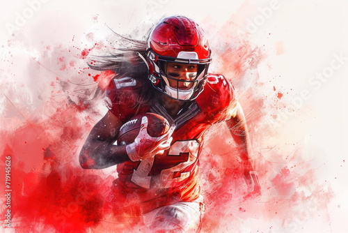 American football player in action, woman red watercolour with copy space