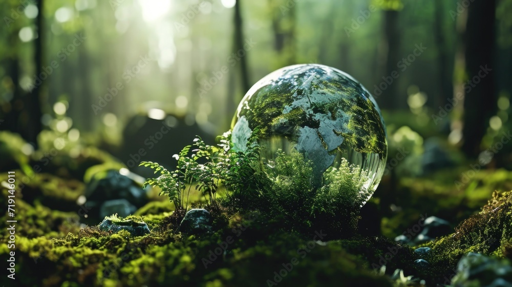 Earth Day - Environment - Green Globe In Forest With Moss And Defocused Abstract Sunlight Earth Day - Environment - Green Globe In Forest With Moss And Defocused Abstract Sunlight