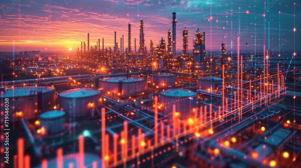 Fototapeta premium Monitors displaying graphs and analytics in an industrial control room with plant background at sunset.