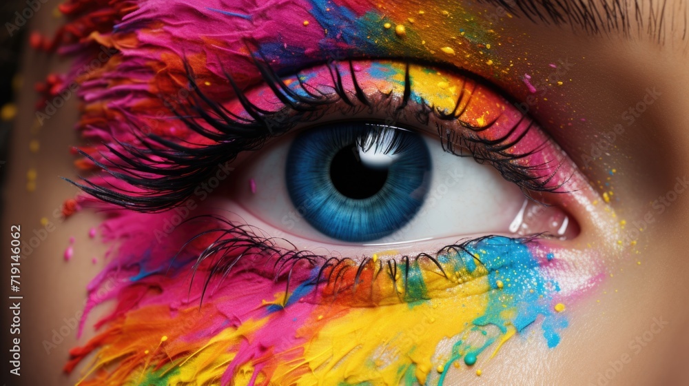 Close up of human eye is painted in multicolored colors. The whole palette of colors of human vision, ophthalmology and color blindness. 