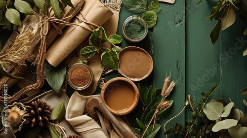 Flat lay of creative architect moodboard green and brown colors composition with samples of building, textile and natural materials and personal accessories. Top view, green background, template. photo