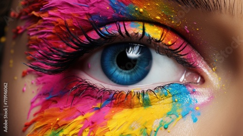 Close up of human eye is painted in multicolored colors. The whole palette of colors of human vision, ophthalmology and color blindness. 