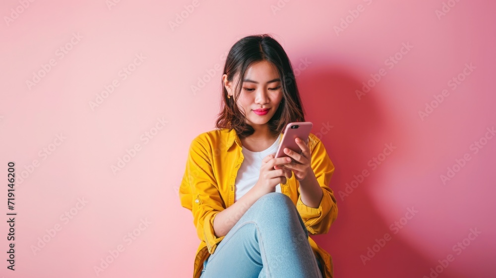 Attractive Young Asian woman pointing finger to mobile smartphone on isolated pink background. Attractive Young Asian woman pointing finger to mobile smartphone on isolated pink background.
