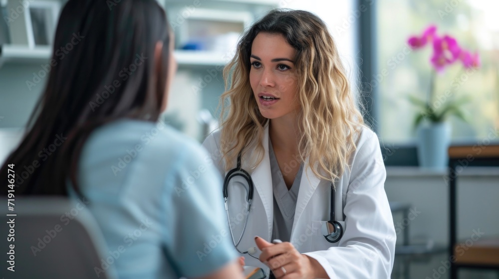 Woman doctor consulting female patient filling form at consultation. Professional physician wearing white coat talking , giving consultation, signing medical paper at appointment visit in clinic. Woman doctor consulting female patient filling form at consultation. Professional physician wearing white coat talking , giving consultation, signing medical paper at appointment visit in clinic.