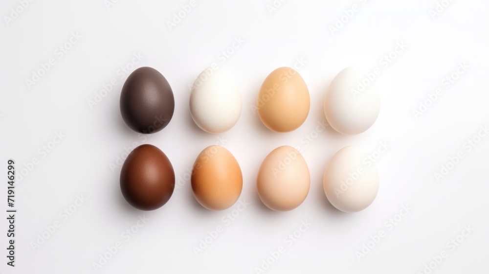 Set of different colors and tones eggs . Collage  of various fresh eggs on white wooden table, top view