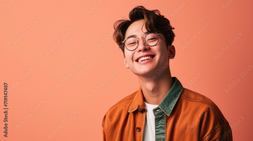 Beautiful cute stylish korean guy wearing glasses on isolated background . Young Asian boy playfully looking at the camera Beautiful cute stylish korean guy wearing glasses on isolated background . Young Asian boy playfully looking at the camera