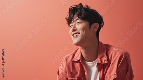 Portrait of happy asian handsome young man after plastic surgery in fashionable clothing with standing and smiling isolated on pink background. © Hope