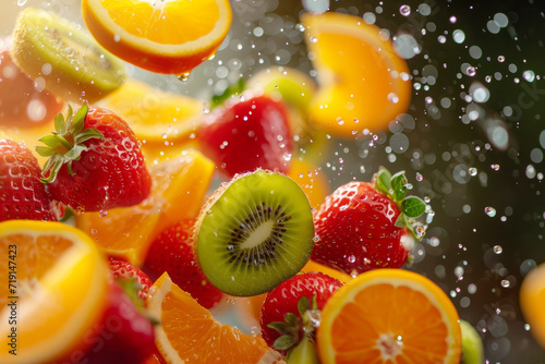 Pieces of sliced fruits containing vitamin C - kiwi, strawberries, orange flying in water splashes, vitamin C concept