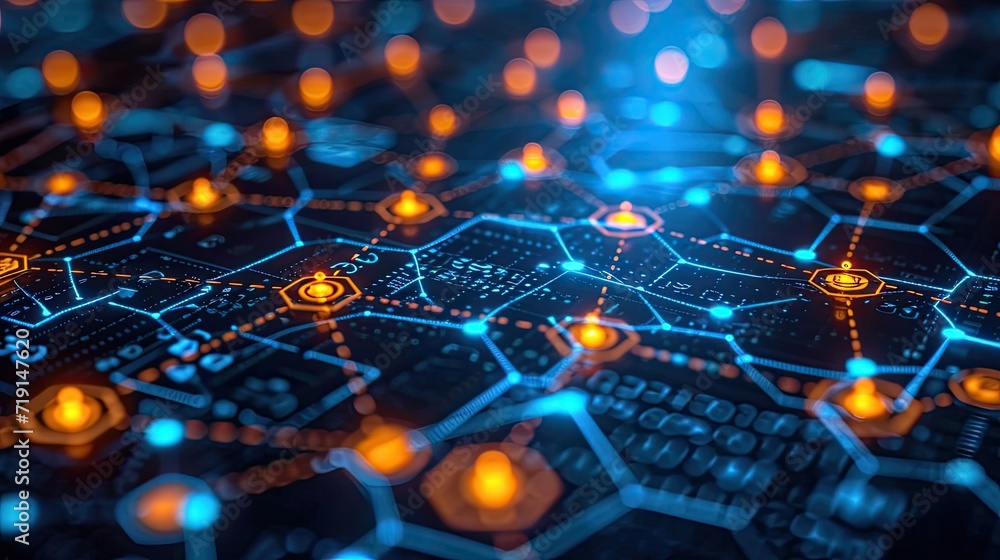 Obraz premium A smartphone displays a complex network, representing advanced digital security and connectivity technology.