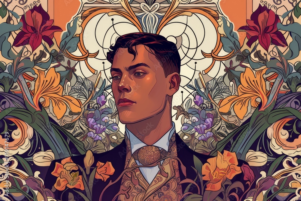 Style: Art Nouveau. An art nouveau poster featuring an iconic LGBT+ activist surrounded by floral and ornamental designs