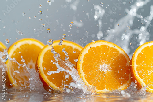 Pieces of sliced orange in flying splashes of water  vitamin C concept