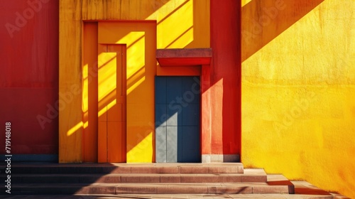 Ondustrial sidewalk of a modern building facade . Red and yellow door