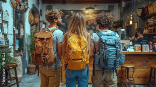 A lively scene of a young group of tourists with colorful suitcases arriving at a vibrant youth hostel, 